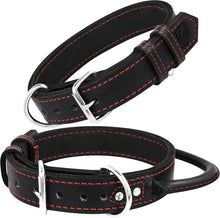 Load image into Gallery viewer, Dog Collar - Genuine Leather Dog Collars with Traffic Handle - Heavy Duty Hardware for Large and Extra Large Dog Breeds - Black/Red Thread