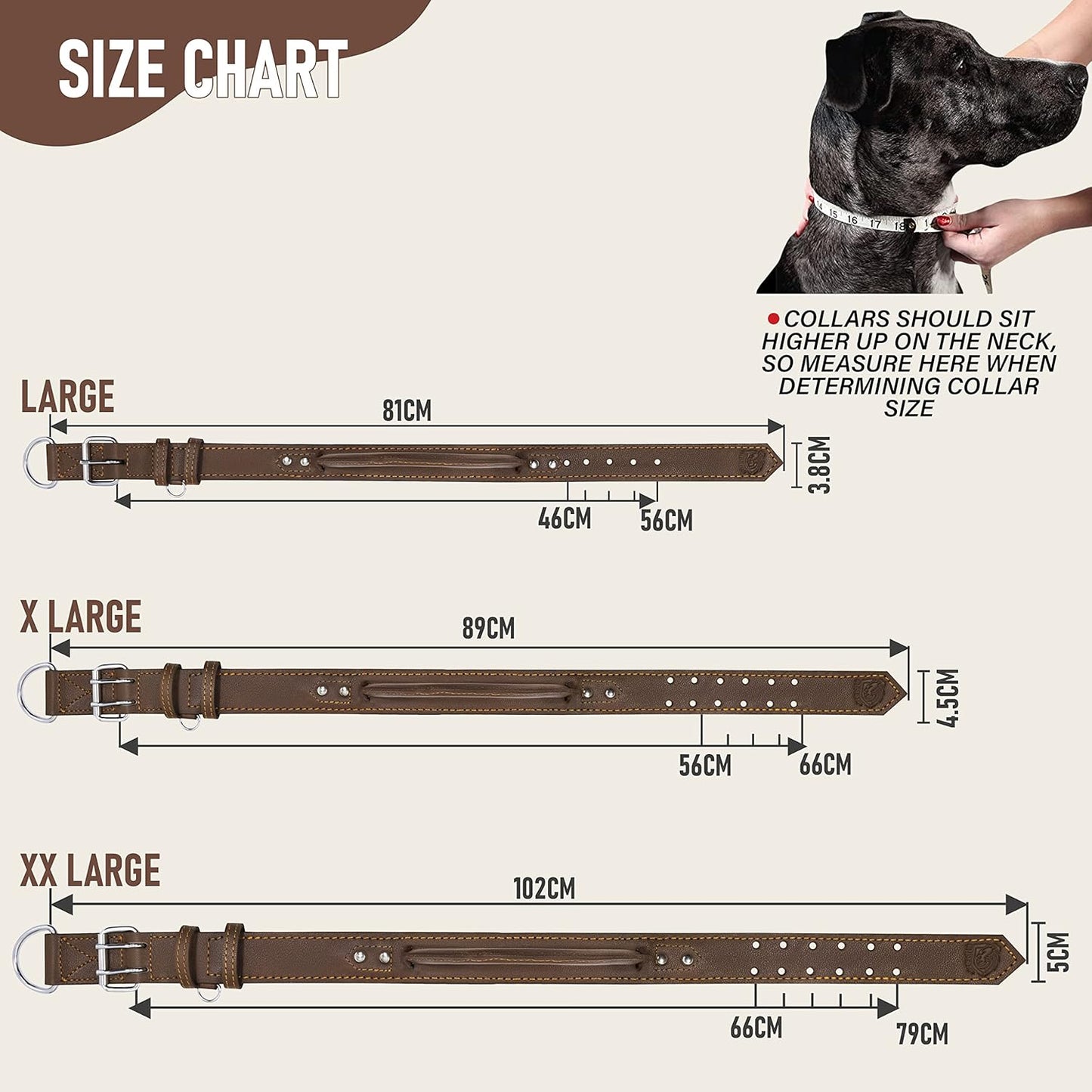 Dog Collar - Genuine Leather Dog Collars with Traffic Handle - Heavy Duty Hardware for Large and Extra Large Dog Breeds - Brown