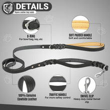 Load image into Gallery viewer, Riparo Heavy Duty Leather Braided Dog Leash with 2 Handles,Padded Traffic Handle for Extra Control, 6 Foot Dog Training Walking Leashes for Medium Large Dogs - Black