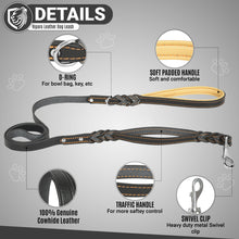 Load image into Gallery viewer, Riparo Heavy Duty Leather Braided Dog Leash with 2 Handles,Padded Traffic Handle for Extra Control, 6 Foot Dog Training Walking Leashes for Medium Large Dogs - Black/Orange Thread