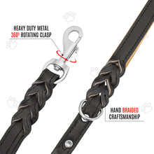 Load image into Gallery viewer, Riparo Heavy Duty Leather Braided Dog Leash with 2 Handles,Padded Traffic Handle for Extra Control, 6 Foot Dog Training Walking Leashes for Medium Large Dogs - Black
