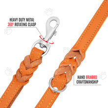 Load image into Gallery viewer, Riparo Heavy Duty Leather Braided Dog Leash with 2 Handles,Padded Traffic Handle for Extra Control, 6 Foot Dog Training Walking Leashes for Medium Large Dogs - Orange