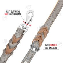 Load image into Gallery viewer, Riparo Heavy Duty Leather Braided Dog Leash with 2 Handles,Padded Traffic Handle for Extra Control, 6 Foot Dog Training Walking Leashes for Medium Large Dogs - Grey