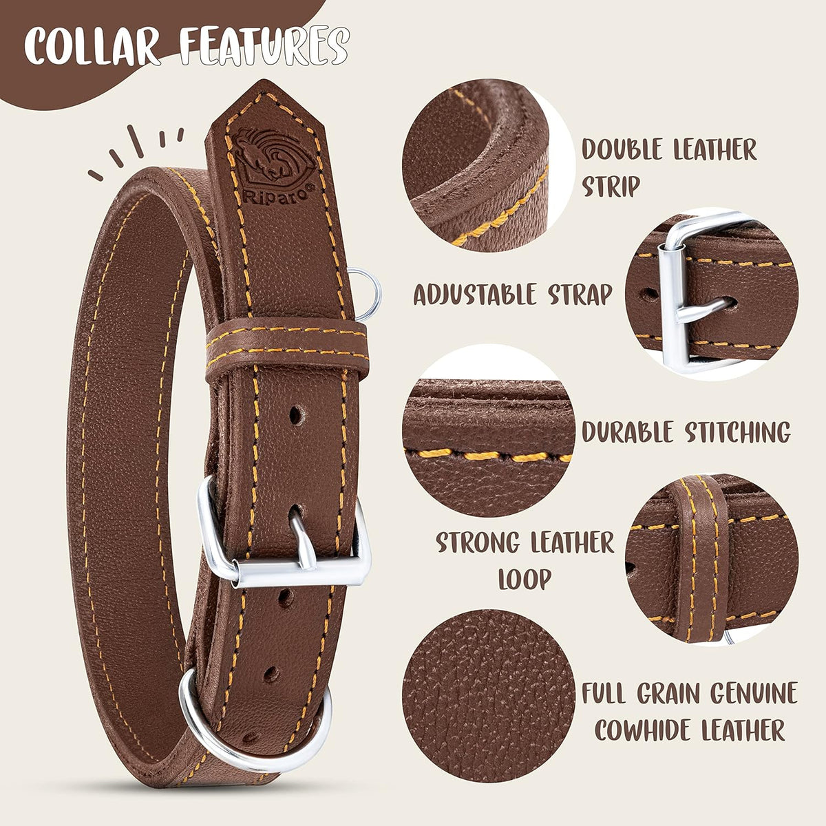 Dog Collar - Genuine Leather Dog Collar - Heavy Duty Hardware for Large and Extra Large Dog Breeds - Brown