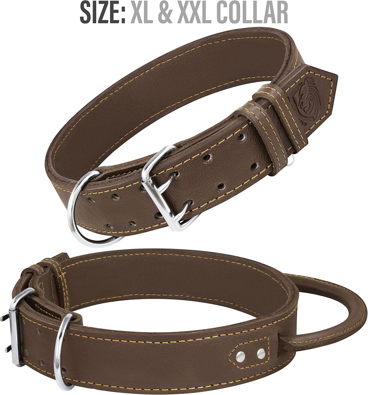 Dog Collar - Genuine Leather Dog Collars with Traffic Handle - Heavy Duty Hardware for Large and Extra Large Dog Breeds - Brown