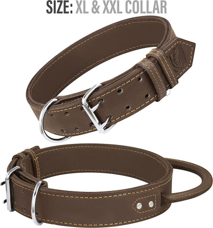 Dog Collar - Genuine Leather Dog Collars with Traffic Handle - Heavy Duty Hardware for Large and Extra Large Dog Breeds - Brown