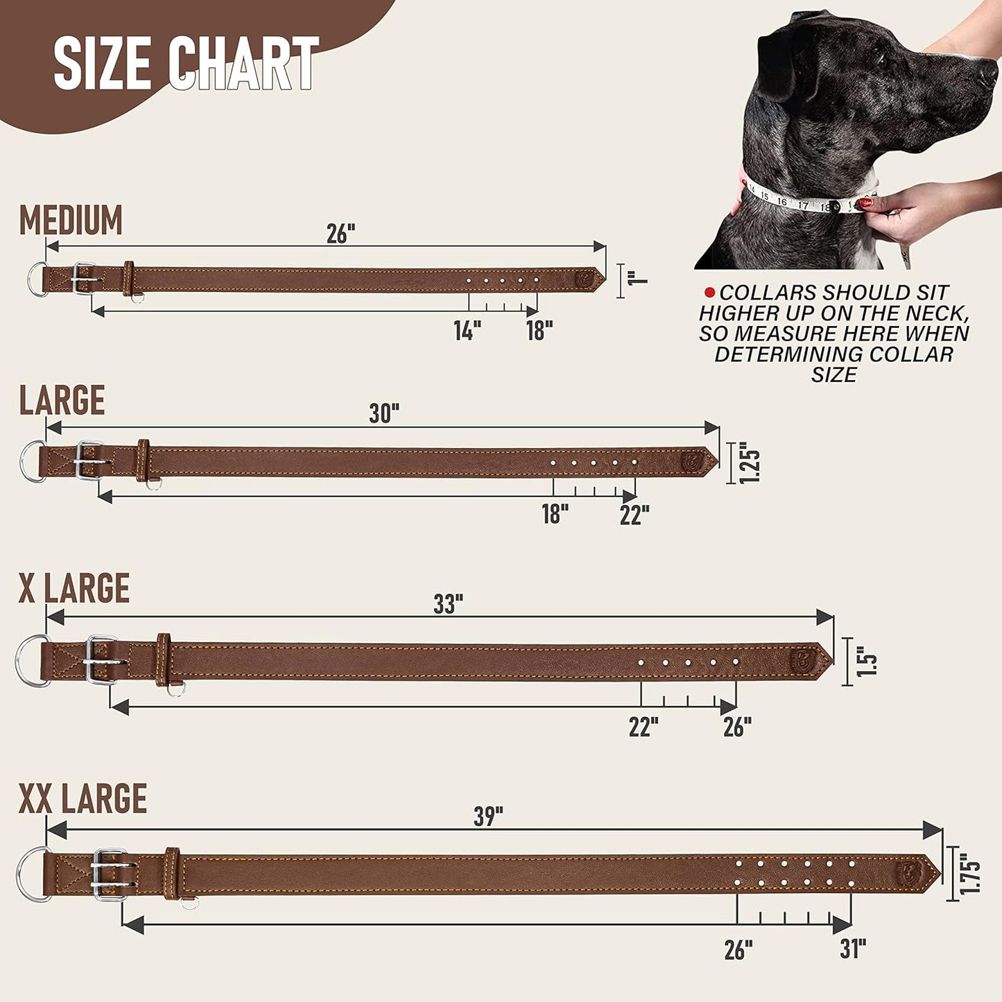 Dog Collar - Genuine Leather Dog Collar - Heavy Duty Hardware for Large and Extra Large Dog Breeds - Brown
