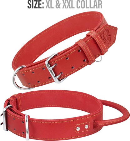 Dog Collar - Genuine Leather Dog Collars with Traffic Handle - Heavy Duty Hardware for Large and Extra Large Dog Breeds - Red