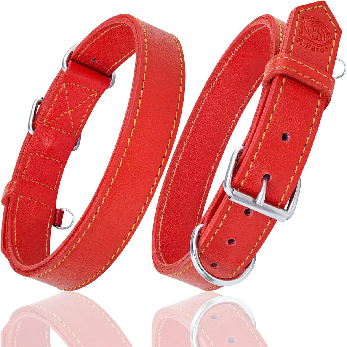Dog Collar - Genuine Leather Dog Collar - Heavy Duty Hardware for Large and Extra Large Dog Breeds - Red