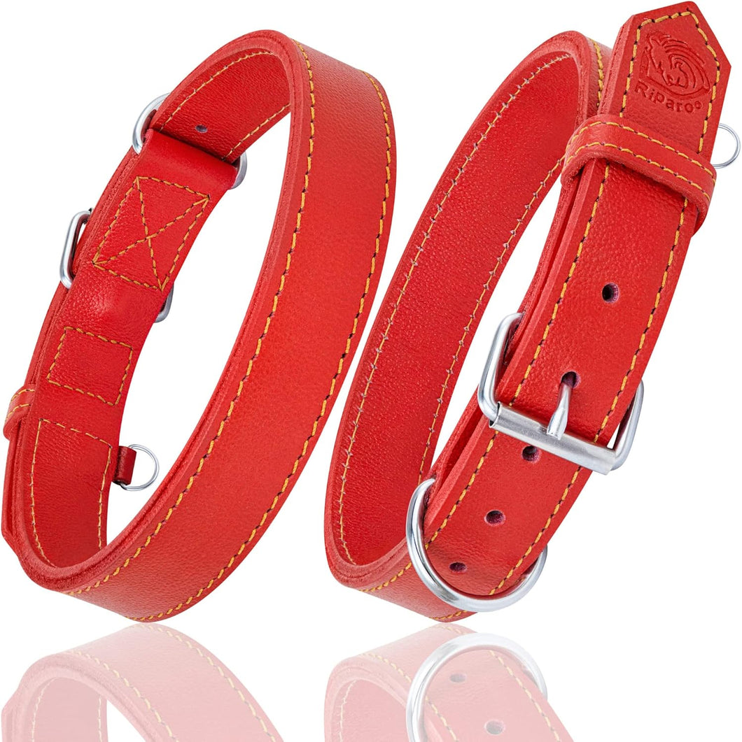 Dog Collar - Genuine Leather Dog Collar - Heavy Duty Hardware for Large and Extra Large Dog Breeds - Red