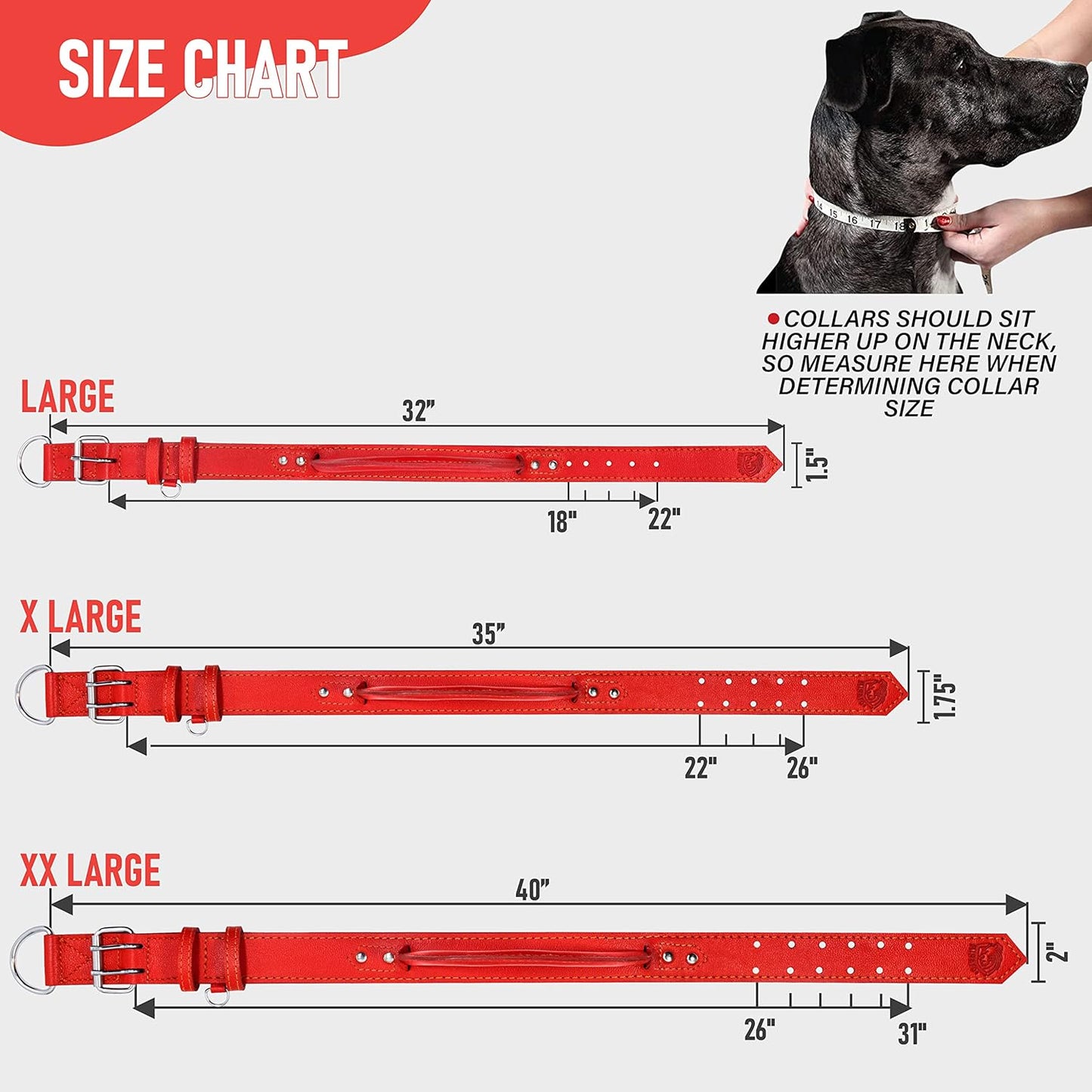 Dog Collar - Genuine Leather Dog Collars with Traffic Handle - Heavy Duty Hardware for Large and Extra Large Dog Breeds - Red