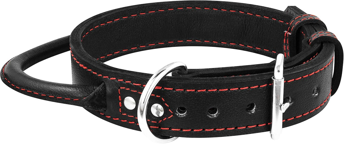 Dog Collar - Genuine Leather Dog Collars with Traffic Handle - Heavy Duty Hardware for Large and Extra Large Dog Breeds - Black/Red Thread
