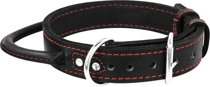 Dog Collar - Genuine Leather Dog Collars with Traffic Handle - Heavy Duty Hardware for Large and Extra Large Dog Breeds - Black/Red Thread