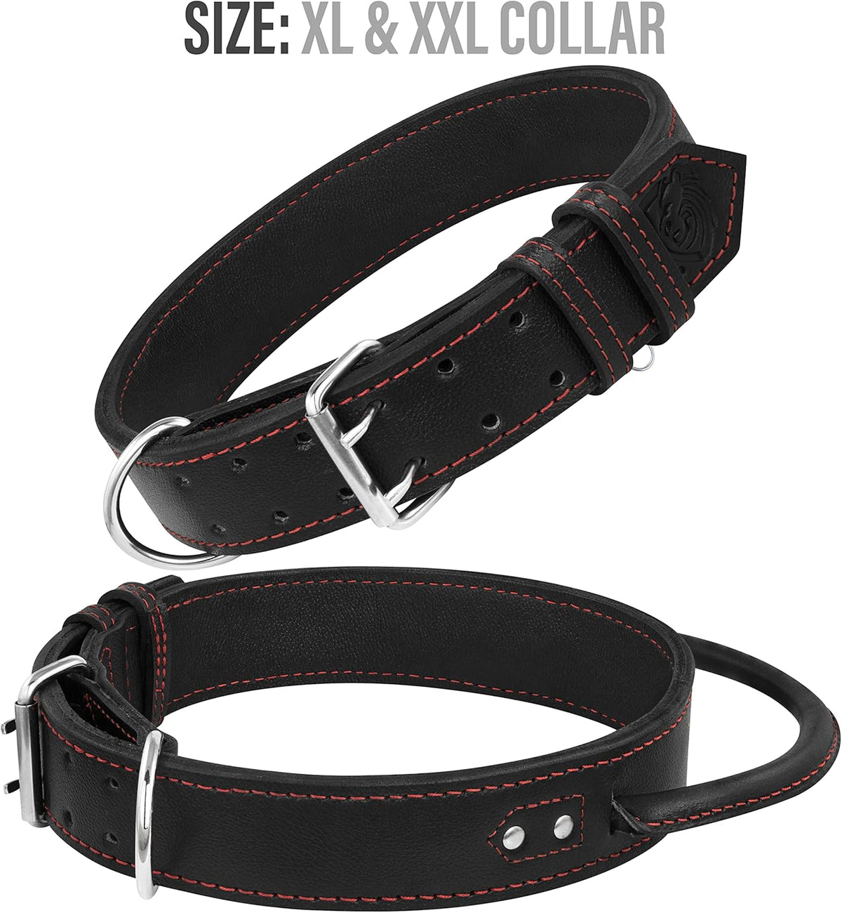 Dog Collar - Genuine Leather Dog Collars with Traffic Handle - Heavy Duty Hardware for Large and Extra Large Dog Breeds - Black/Red Thread
