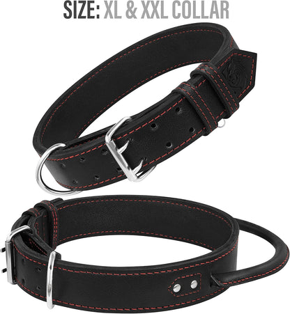 Dog Collar - Genuine Leather Dog Collars with Traffic Handle - Heavy Duty Hardware for Large and Extra Large Dog Breeds - Black/Red Thread