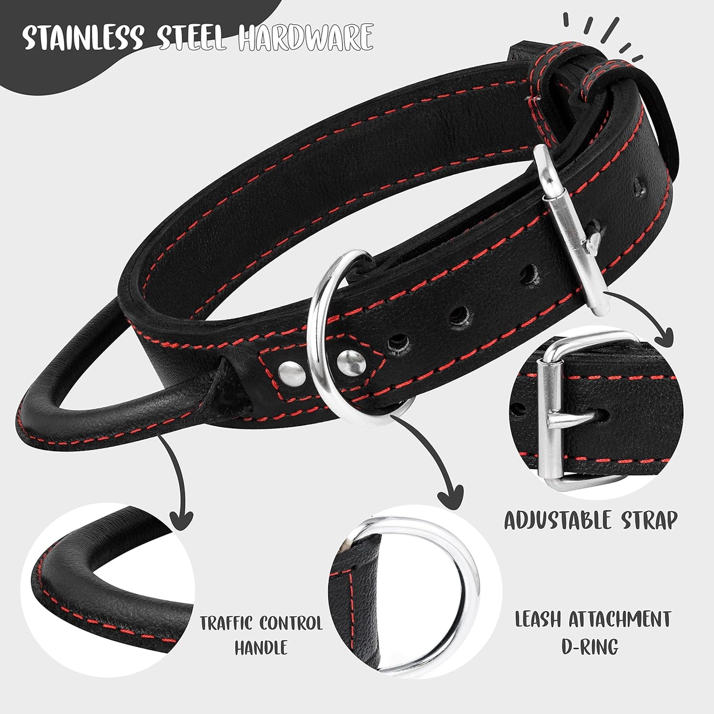 Dog Collar - Genuine Leather Dog Collars with Traffic Handle - Heavy Duty Hardware for Large and Extra Large Dog Breeds - Black/Red Thread