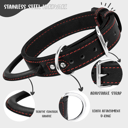 Dog Collar - Genuine Leather Dog Collars with Traffic Handle - Heavy Duty Hardware for Large and Extra Large Dog Breeds - Black/Red Thread