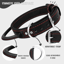 Load image into Gallery viewer, Dog Collar - Genuine Leather Dog Collars with Traffic Handle - Heavy Duty Hardware for Large and Extra Large Dog Breeds - Black/Red Thread
