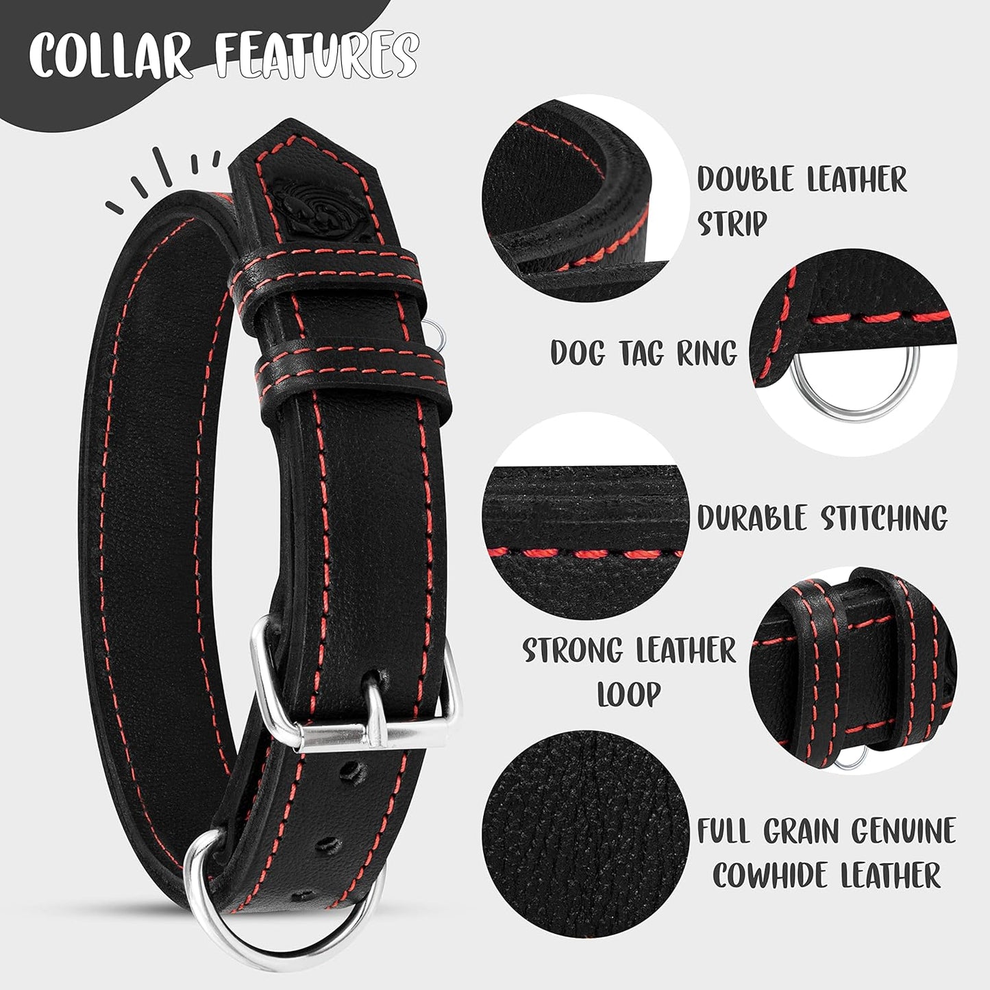 Dog Collar - Genuine Leather Dog Collars with Traffic Handle - Heavy Duty Hardware for Large and Extra Large Dog Breeds - Black/Red Thread