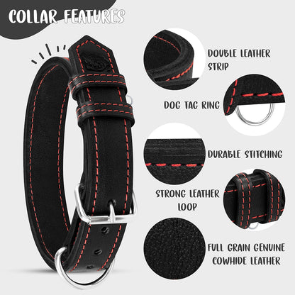 Dog Collar - Genuine Leather Dog Collars with Traffic Handle - Heavy Duty Hardware for Large and Extra Large Dog Breeds - Black/Red Thread