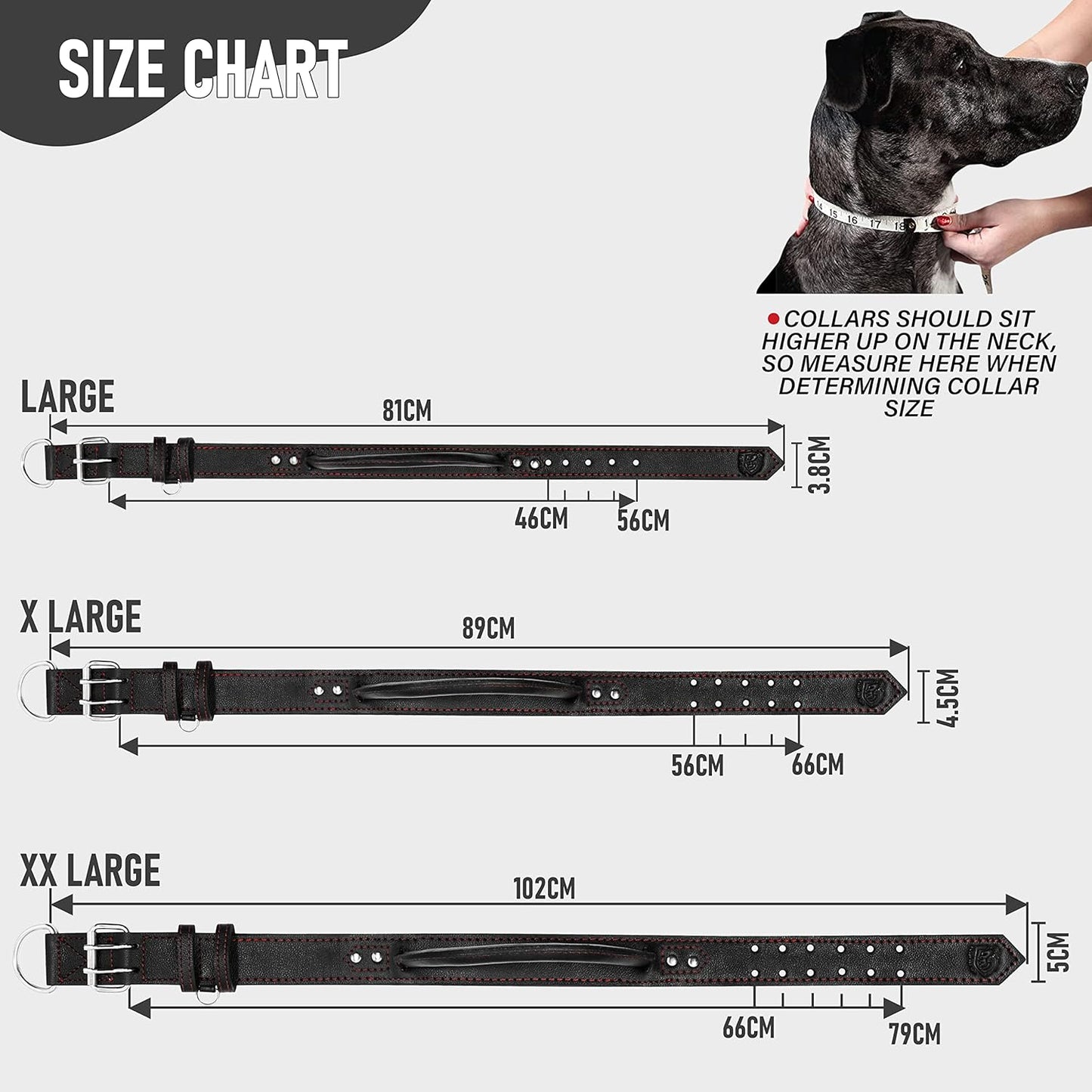 Dog Collar - Genuine Leather Dog Collars with Traffic Handle - Heavy Duty Hardware for Large and Extra Large Dog Breeds - Black/Red Thread