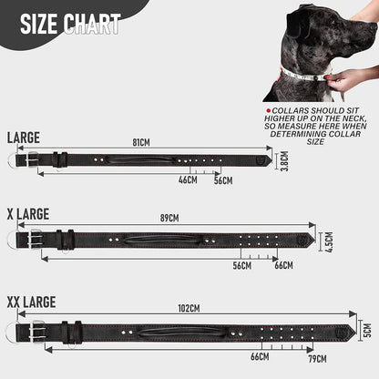 Dog Collar - Genuine Leather Dog Collars with Traffic Handle - Heavy Duty Hardware for Large and Extra Large Dog Breeds - Black/Red Thread