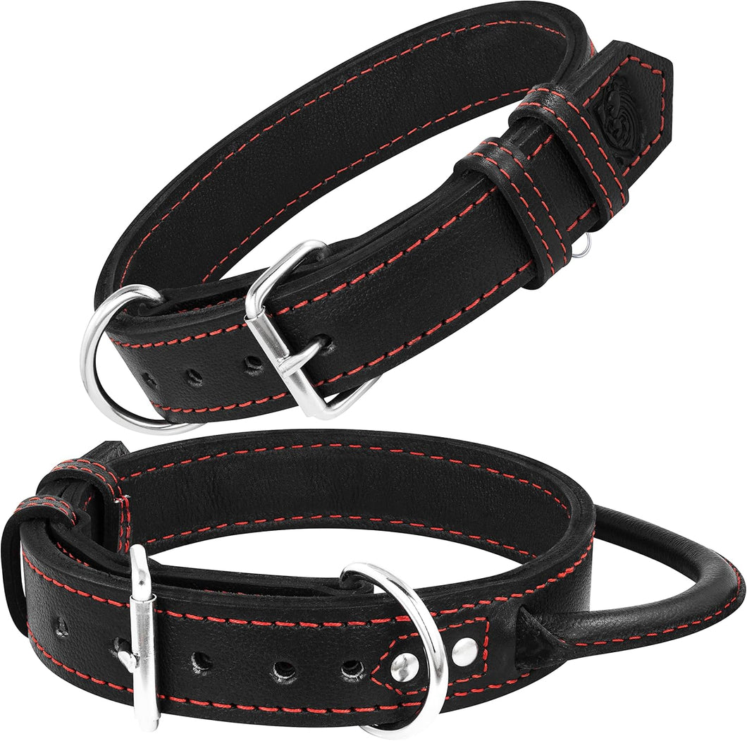 Dog Collar - Genuine Leather Dog Collars with Traffic Handle - Heavy Duty Hardware for Large and Extra Large Dog Breeds - Black/Red Thread