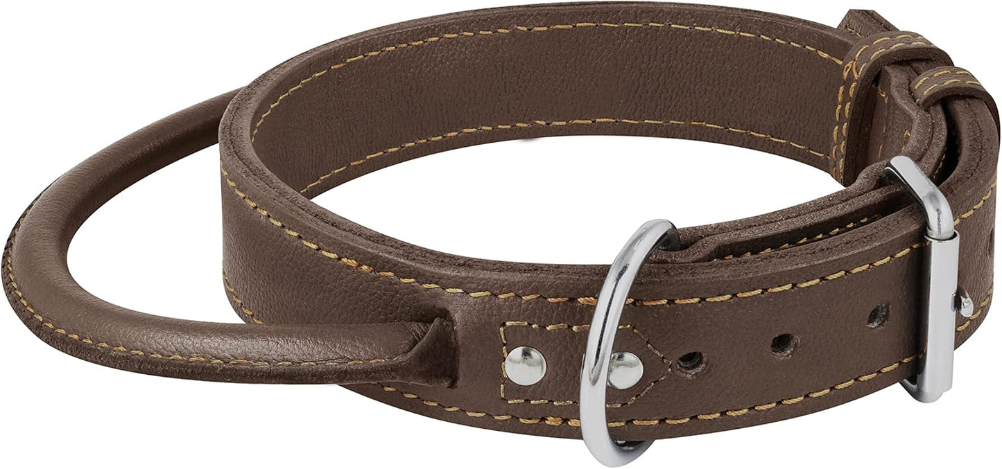 Dog Collar - Genuine Leather Dog Collars with Traffic Handle - Heavy Duty Hardware for Large and Extra Large Dog Breeds - Brown