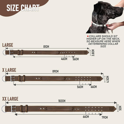 Dog Collar - Genuine Leather Dog Collars with Traffic Handle - Heavy Duty Hardware for Large and Extra Large Dog Breeds - Brown