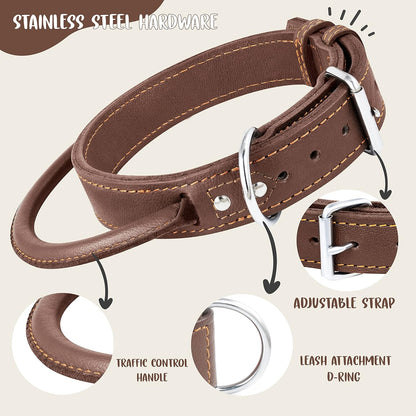 Dog Collar - Genuine Leather Dog Collars with Traffic Handle - Heavy Duty Hardware for Large and Extra Large Dog Breeds - Brown