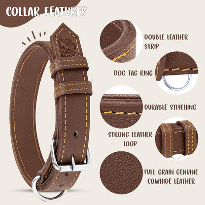 Dog Collar - Genuine Leather Dog Collars with Traffic Handle - Heavy Duty Hardware for Large and Extra Large Dog Breeds - Brown