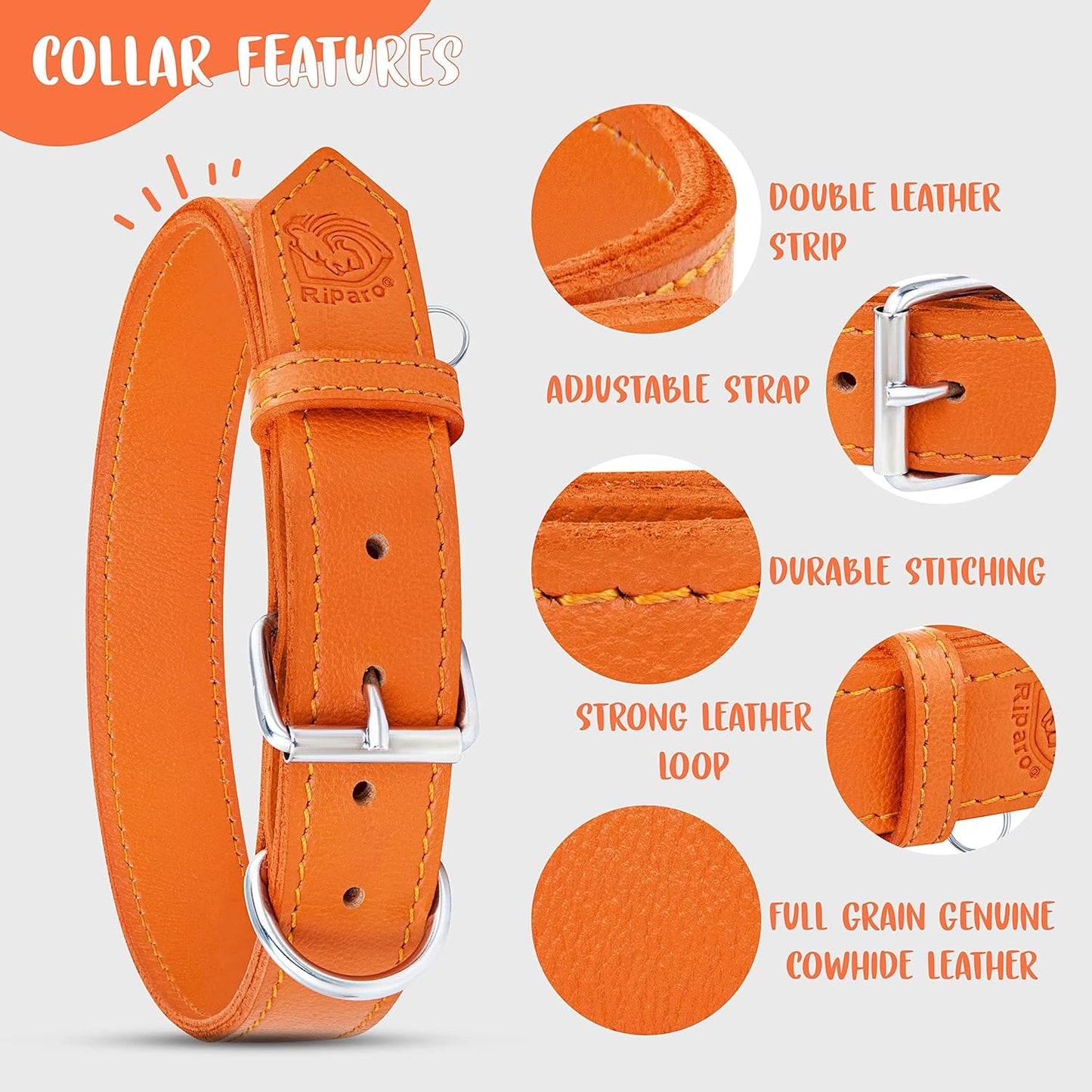 Dog Collar - Genuine Leather Dog Collar - Heavy Duty Hardware for Large and Extra Large Dog Breeds - Orange