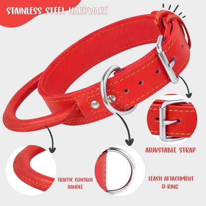 Dog Collar - Genuine Leather Dog Collars with Traffic Handle - Heavy Duty Hardware for Large and Extra Large Dog Breeds - Red