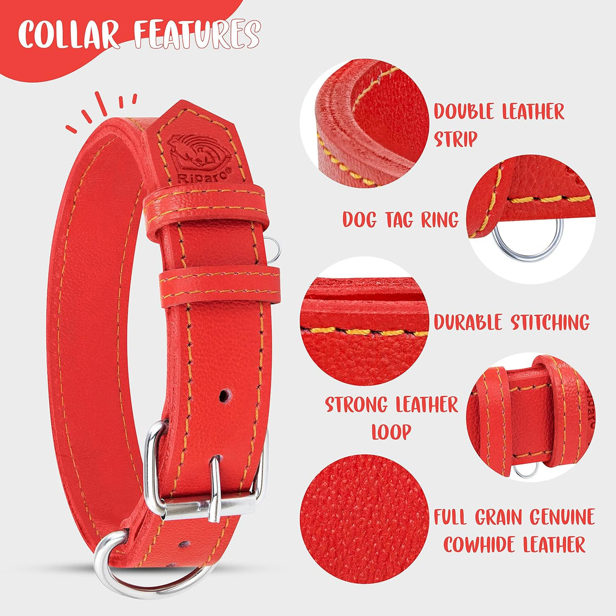 Dog Collar - Genuine Leather Dog Collars with Traffic Handle - Heavy Duty Hardware for Large and Extra Large Dog Breeds - Red
