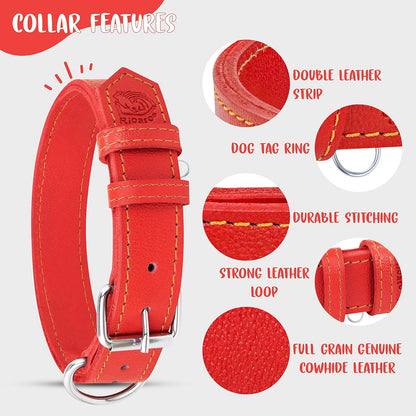 Dog Collar - Genuine Leather Dog Collars with Traffic Handle - Heavy Duty Hardware for Large and Extra Large Dog Breeds - Red