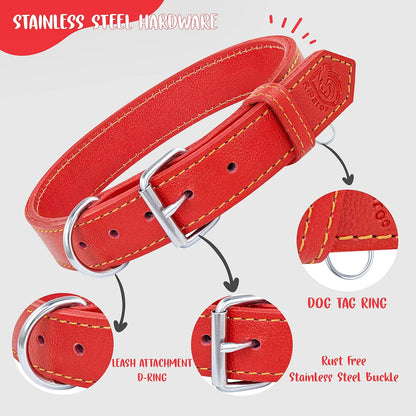 Dog Collar - Genuine Leather Dog Collar - Heavy Duty Hardware for Large and Extra Large Dog Breeds - Red