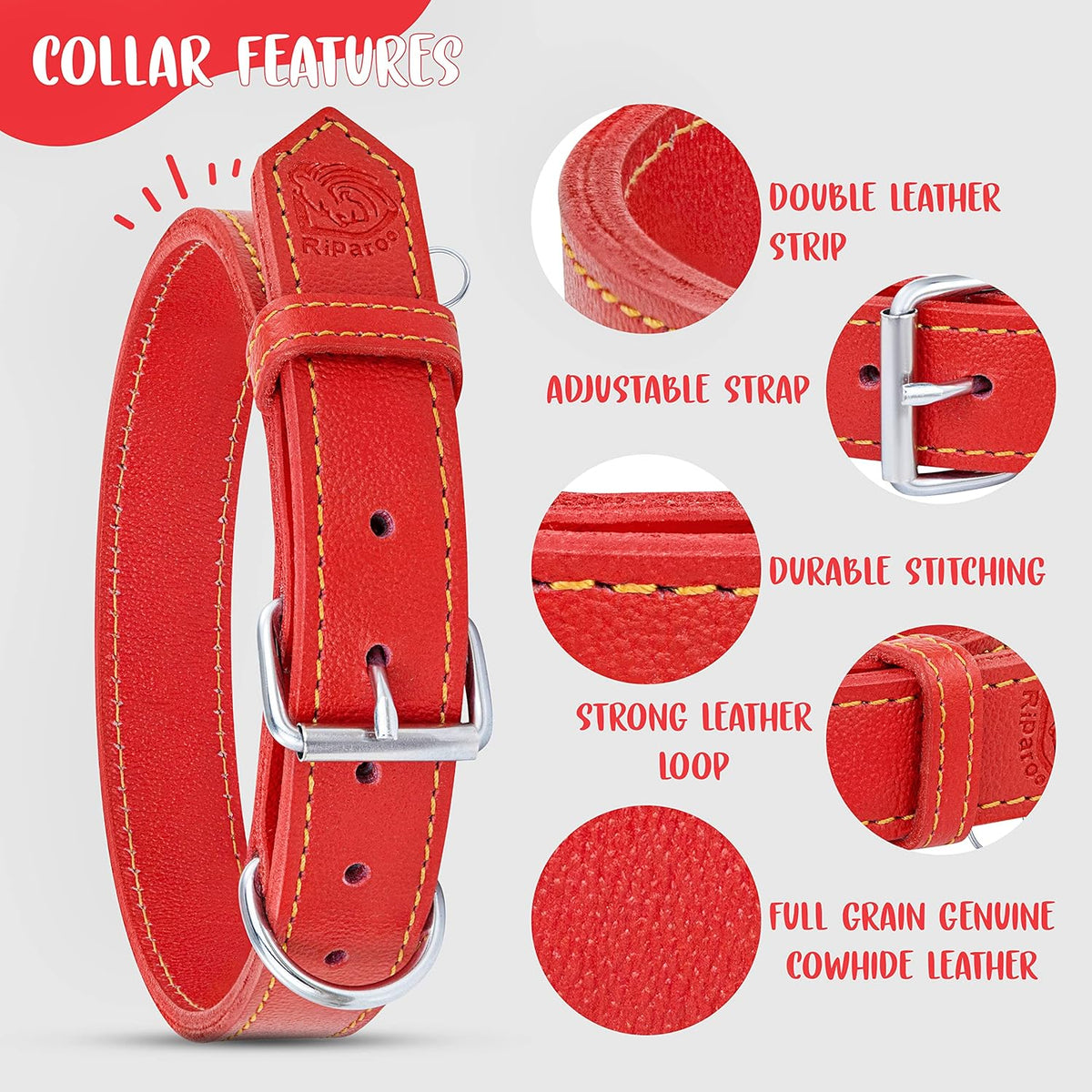 Dog Collar - Genuine Leather Dog Collar - Heavy Duty Hardware for Large and Extra Large Dog Breeds - Red