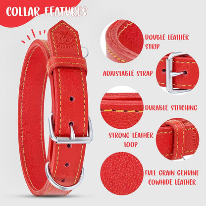 Dog Collar - Genuine Leather Dog Collar - Heavy Duty Hardware for Large and Extra Large Dog Breeds - Red