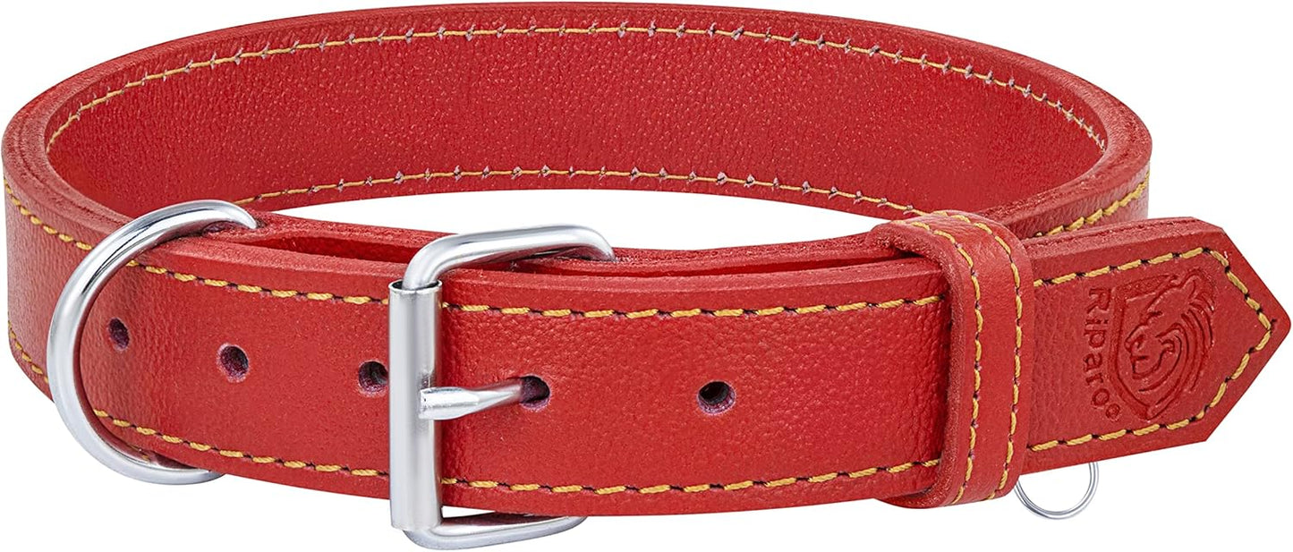 Dog Collar - Genuine Leather Dog Collar - Heavy Duty Hardware for Large and Extra Large Dog Breeds - Red