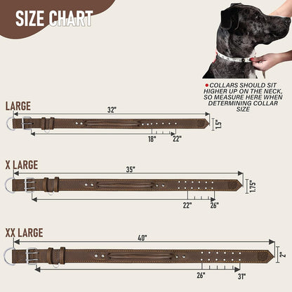 Dog Collar - Genuine Leather Dog Collars with Traffic Handle - Heavy Duty Hardware for Large and Extra Large Dog Breeds - Brown
