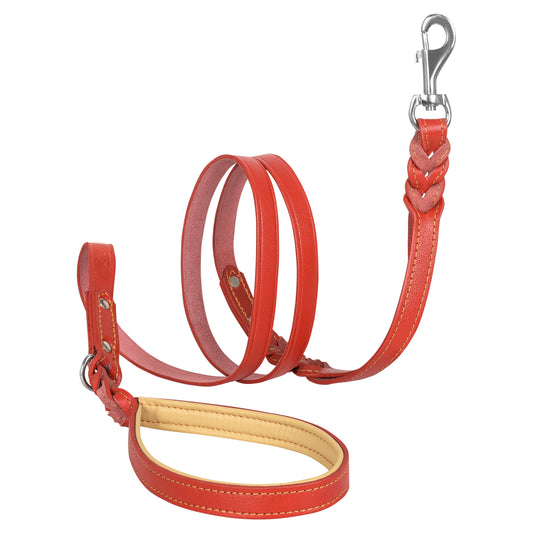 Riparo Heavy Duty Leather Braided Dog Leash with 2 Handles,Padded Traffic Handle for Extra Control, 6 Foot Dog Training Walking Leashes for Medium Large Dogs - Red
