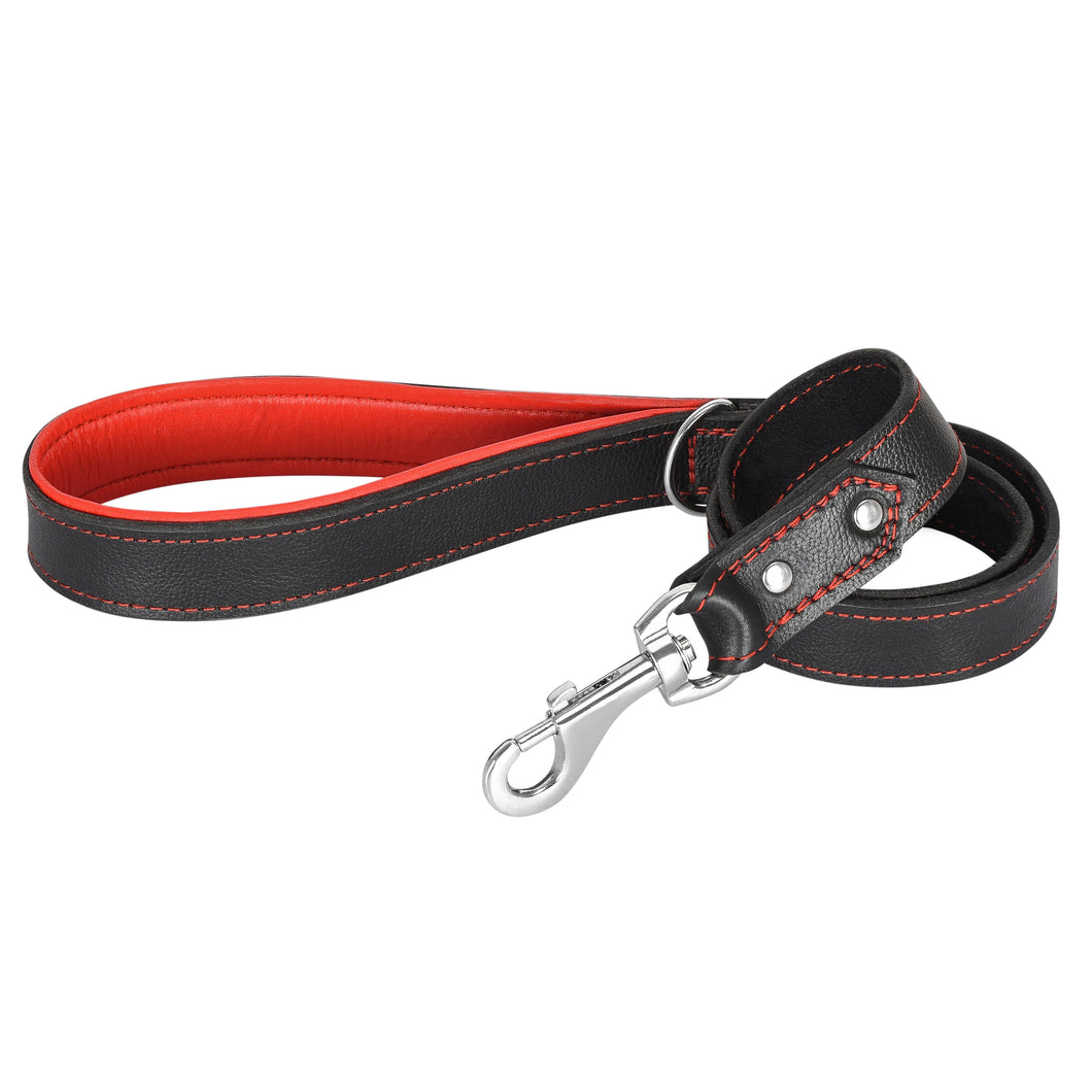 Riparo Heavy Duty Leather Dog Leash with Padded Handle, 3FT Long Dog Lead, 1.25IN Wide Dog Training Walking Leashes for Medium Large Dogs - Black/Red
