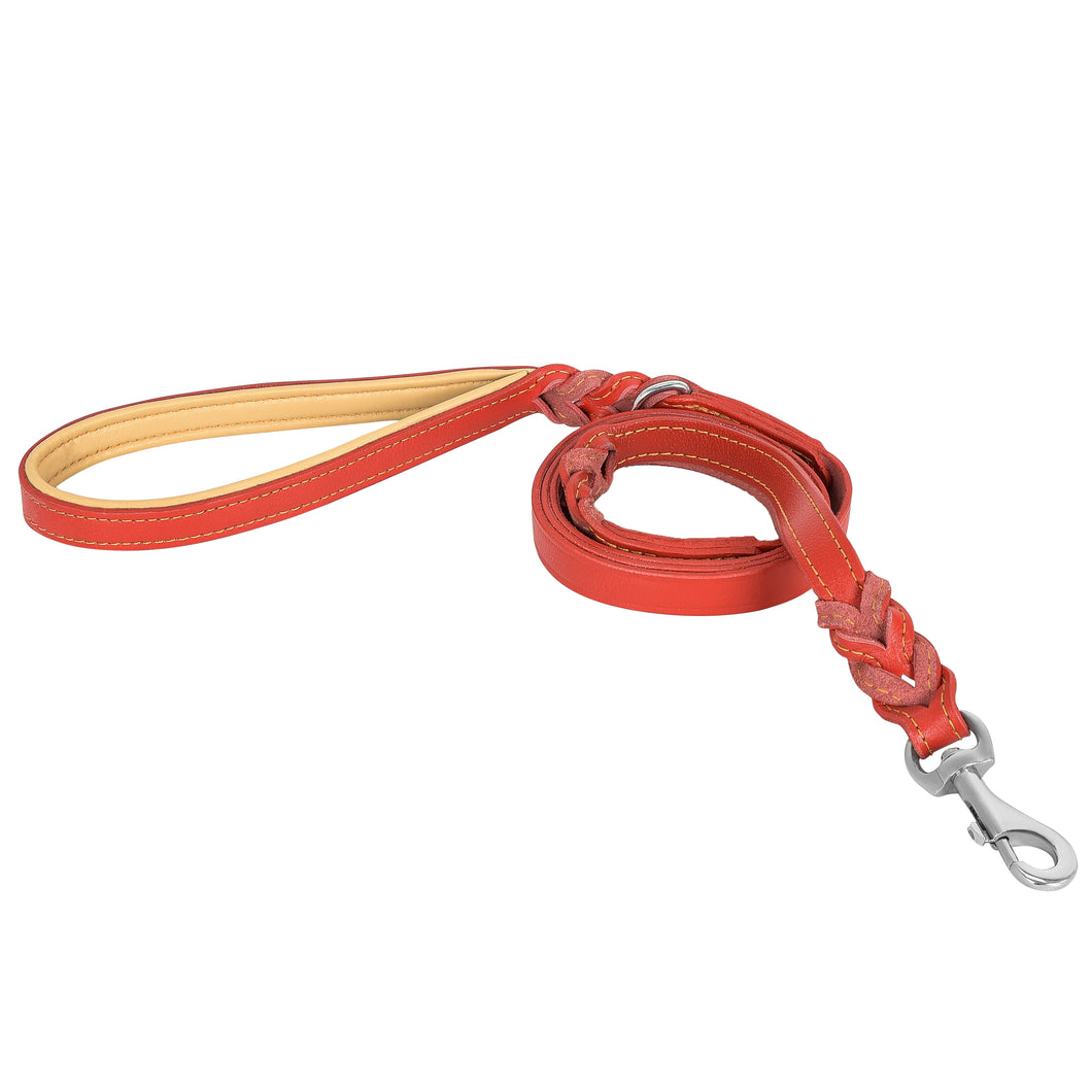 Riparo Heavy Duty Leather Braided Dog Leash with 2 Handles,Padded Traffic Handle for Extra Control, 6 Foot Dog Training Walking Leashes for Medium Large Dogs - Red