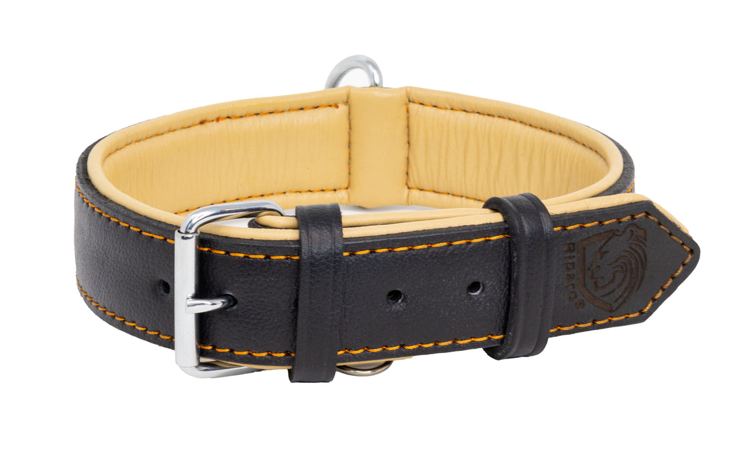 Riparo Genuine Leather Padded Dog Collar - Black/Orange Thread