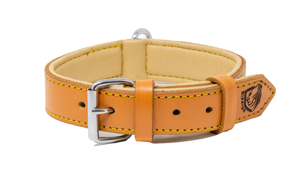 Riparo Genuine Leather Padded Dog Collar - Camel