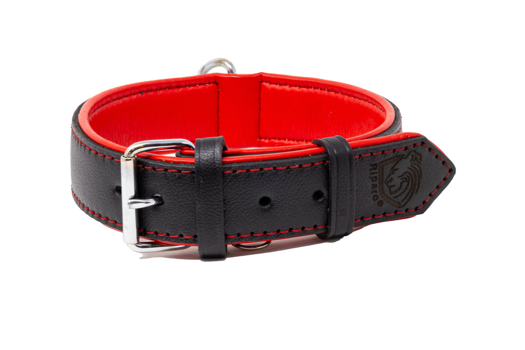 Riparo Genuine Leather Padded Dog Collar  - Black/Red Thread