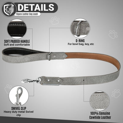 Riparo Heavy Duty Leather Dog Leash with Padded Handle, 3FT Long Dog Lead, 1.25IN Wide Dog Training Walking Leashes for Medium Large Dogs - Grey