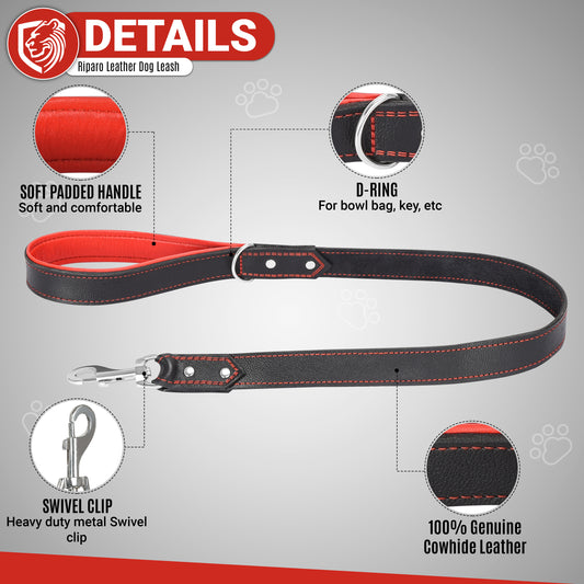 Riparo Heavy Duty Leather Dog Leash with Padded Handle, 3FT Long Dog Lead, 1.25IN Wide Dog Training Walking Leashes for Medium Large Dogs - Black/Red
