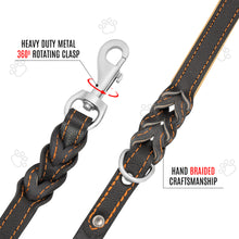 Load image into Gallery viewer, Riparo Heavy Duty Leather Braided Dog Leash with 2 Handles,Padded Traffic Handle for Extra Control, 6 Foot Dog Training Walking Leashes for Medium Large Dogs - Black/Orange Thread
