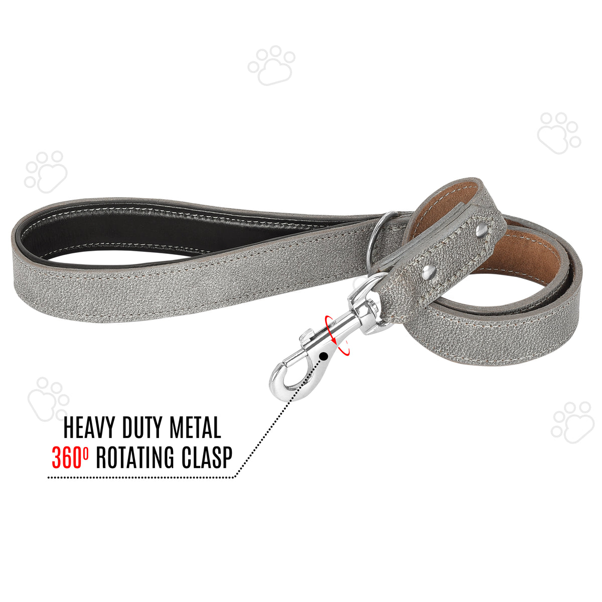 Riparo Heavy Duty Leather Dog Leash with Padded Handle, 3FT Long Dog Lead, 1.25IN Wide Dog Training Walking Leashes for Medium Large Dogs - Grey